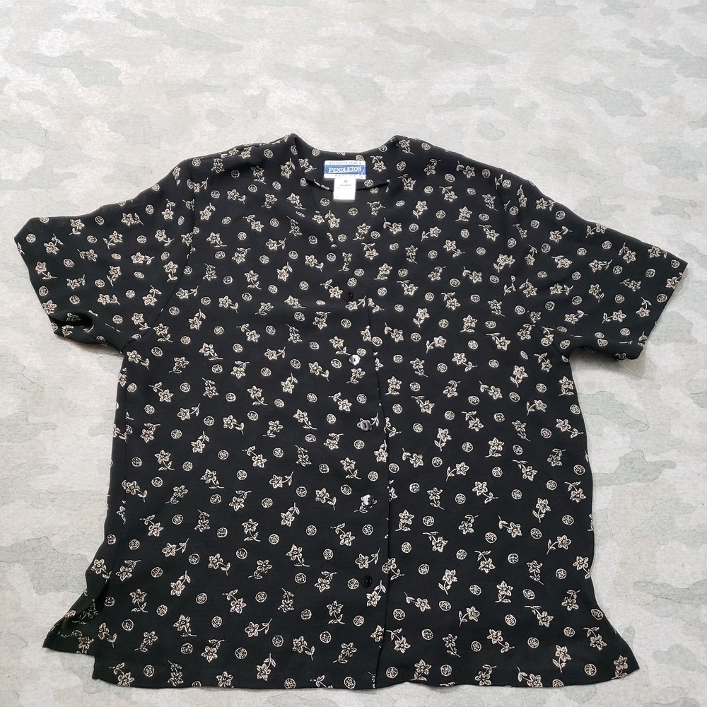 Vintage Pendleton Top Womens 10 Black Short Sleeve Button-Up Floral